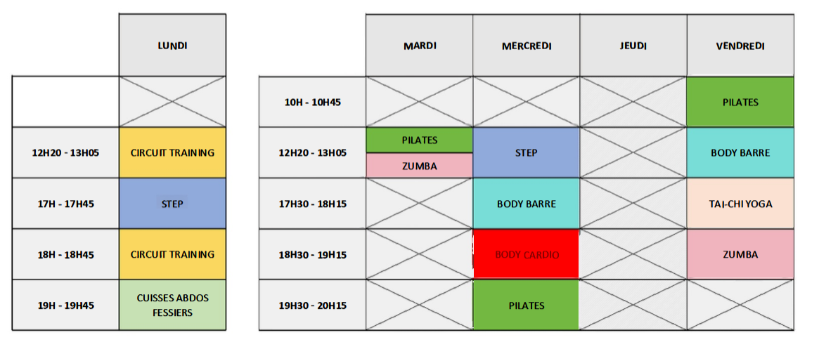 Planning des cours collectifs Jack Form